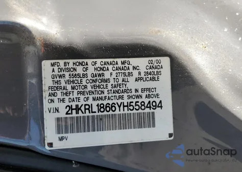 2000 Honda Odyssey Ex z USA, uszkodzony, nr VIN 2HKRL1866YH558494